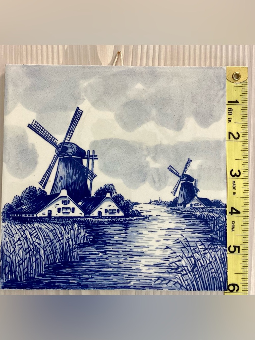 Vintage Delft Style WINDMILL Ceramic Tile/Trivet 6"x6" Back-stamp “G” in Wreath - Picture 3 of 5